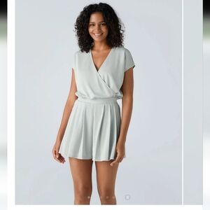 V Neck Short Sleeve Plicated Side Pocket Waffle Casual Jumpsuit